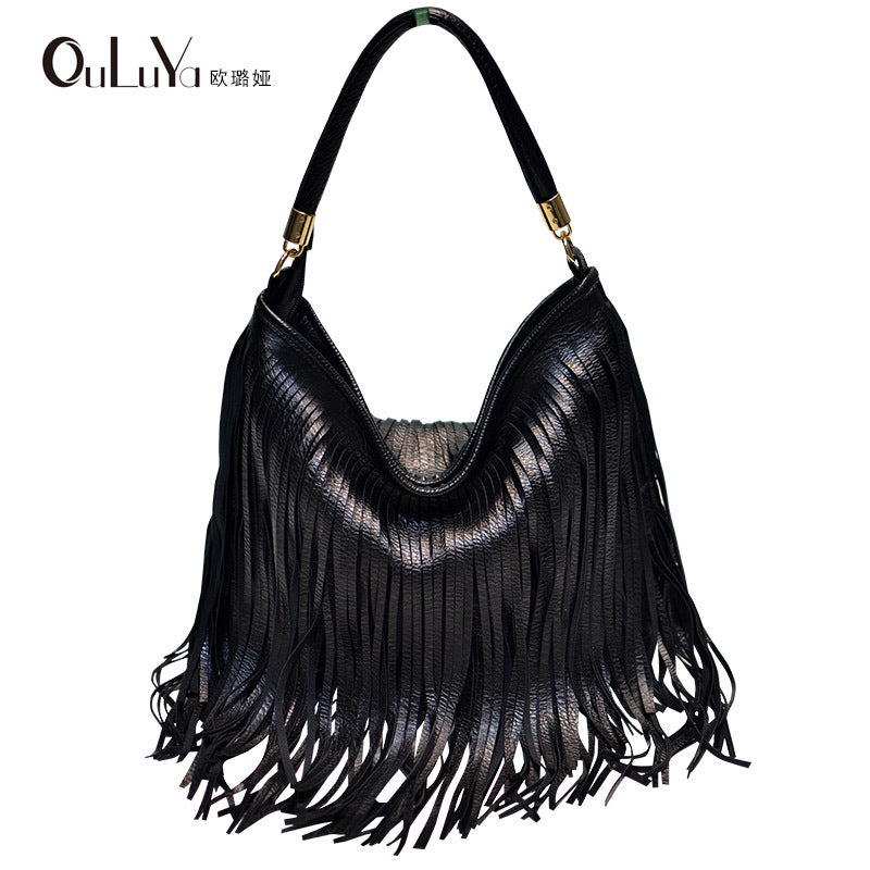 Women's Soft Leather Double-sided Tassel Portable Tide Bags