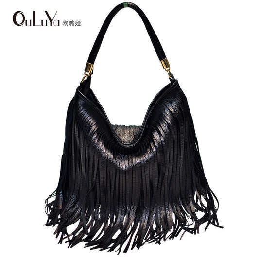 Women's Soft Leather Double-sided Tassel Portable Tide Bags