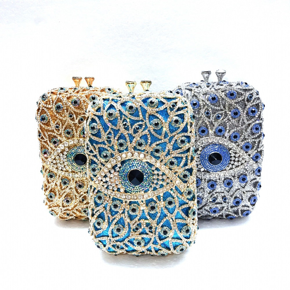 Women's Eye Diamond Banquet Dress Steamed Crystal Bun Hollow Metal Bags
