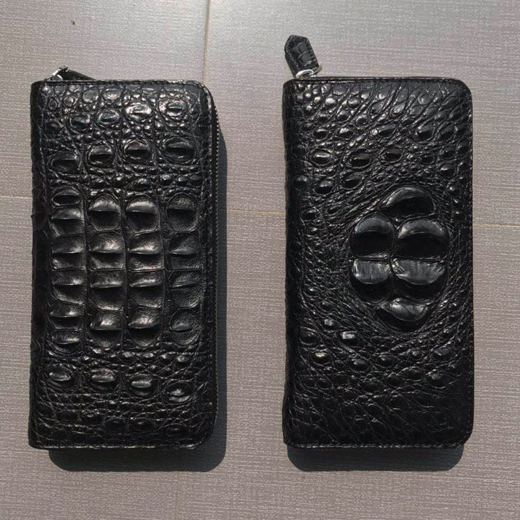 Men's Real Crocodile Skull Single Pull Back Bone Leather Zipper Men's Wallet