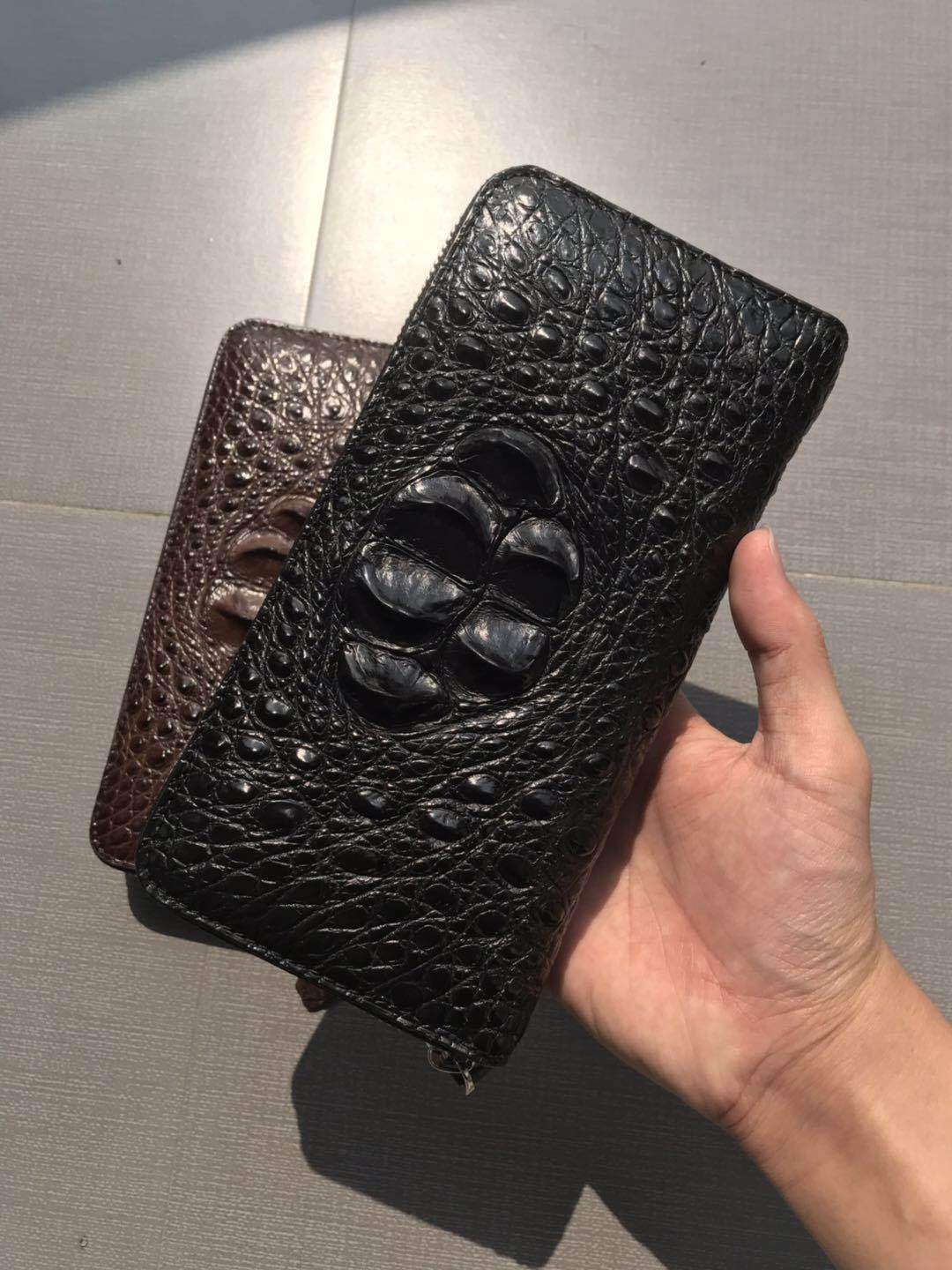 Men's Real Crocodile Skull Single Pull Back Bone Leather Zipper Men's Wallet