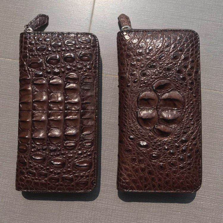 Men's Real Crocodile Skull Single Pull Back Bone Leather Zipper Men's Wallet