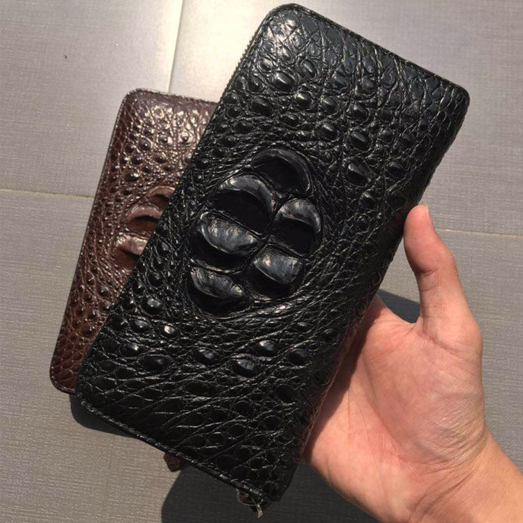 Men's Real Crocodile Skull Single Pull Back Bone Leather Zipper Men's Wallet