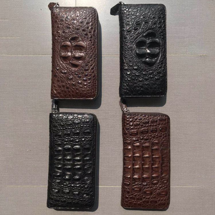 Men's Real Crocodile Skull Single Pull Back Bone Leather Zipper Men's Wallet