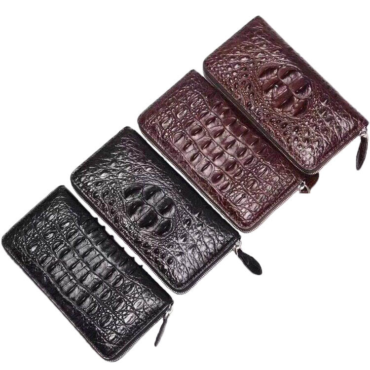 Men's Real Crocodile Skull Single Pull Back Bone Leather Zipper Men's Wallet
