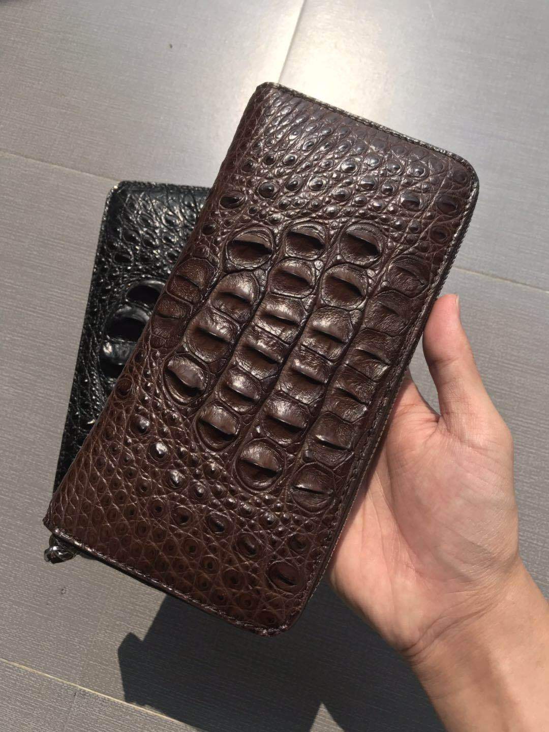 Men's Real Crocodile Skull Single Pull Back Bone Leather Zipper Men's Wallet
