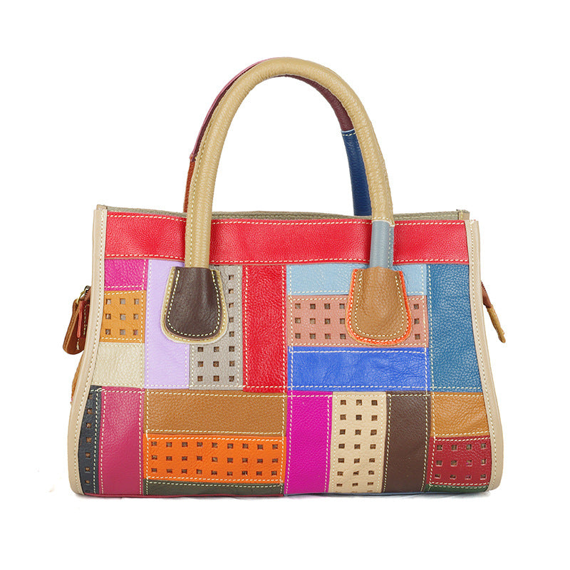 Women's Genuine Leather Stitching Contrasting Color Kelly Women's Handbag