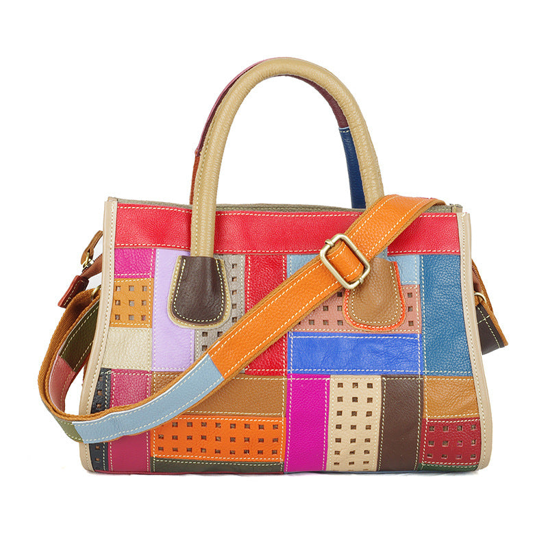 Women's Genuine Leather Stitching Contrasting Color Kelly Women's Handbag