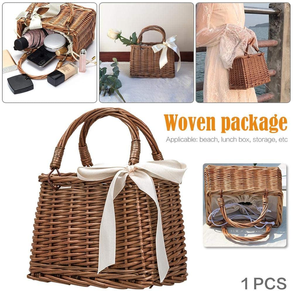 Willow Basket Rattan Portable Ribbon Pear Women's Handbag