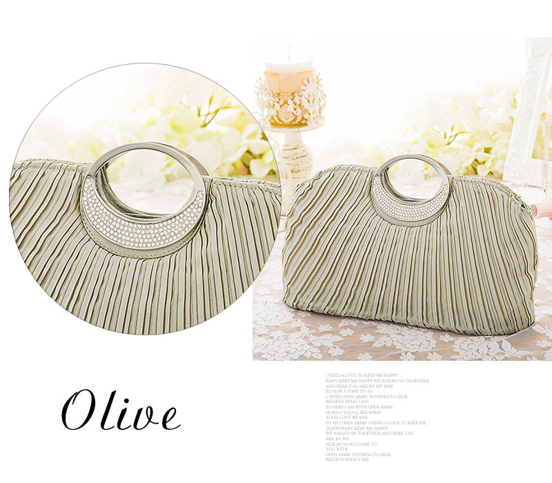 Women's Elegant Banquet Pleated Crystal Ornament Shell Women's Clutch