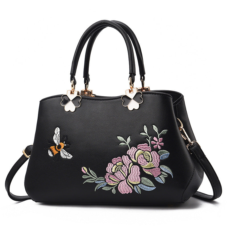 Women's Simple Fashion Embroidery Soft Leather Mother Women's Shoulder Bag