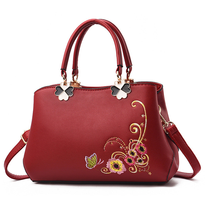 Women's Simple Fashion Embroidery Soft Leather Mother Women's Shoulder Bag