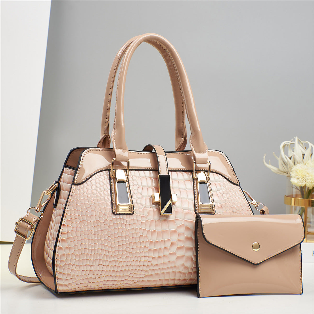 Women's Platinum Shining Leather Mother Crocodile Pattern Women's Handbag