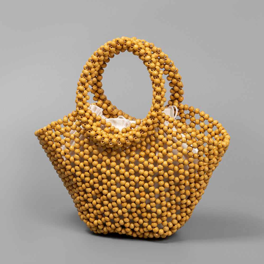 Women's Hand-woven Large Capacity With Wooden Beads Decoration Seaside Vacation Beach Handbags