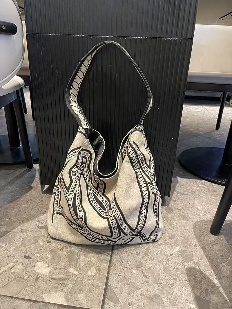 Women's Linen Fabric Silk Screen Fashion Design Large Shoulder Bags