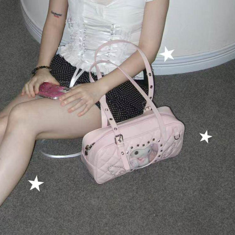Women's Love Rhombus Cartoon Rivet Heart-shaped Window Plush Doll Women's Shoulder Bag