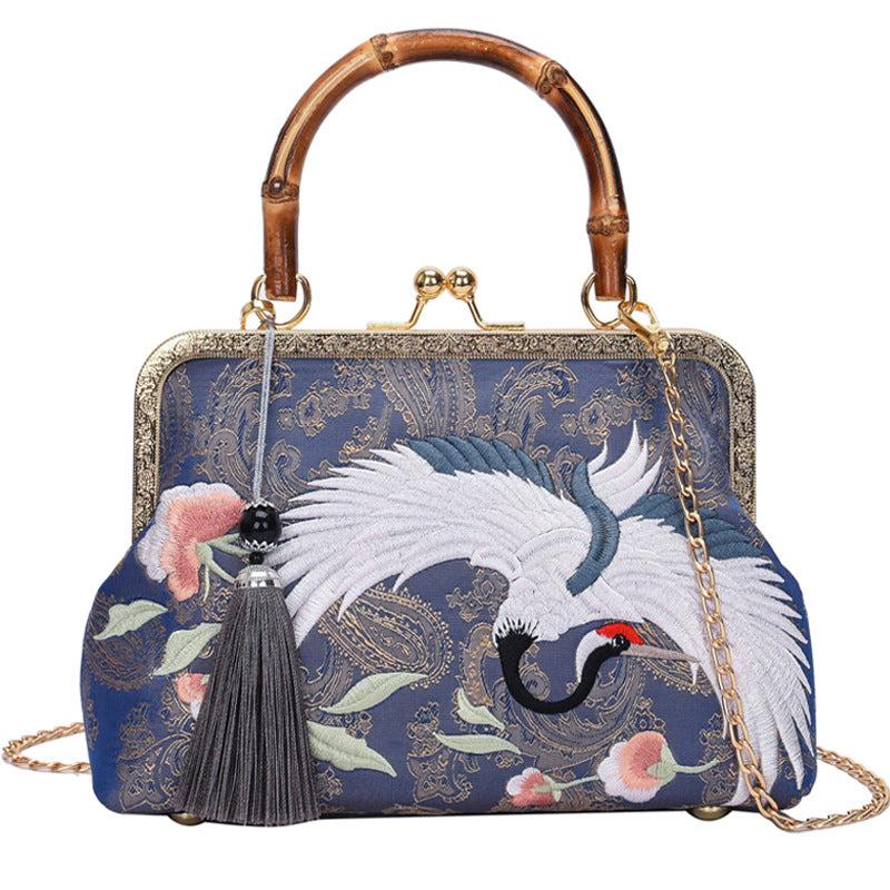 Crane Embroidery Jacquard Clutch Vintage Handmade Chinese Women's Handbag