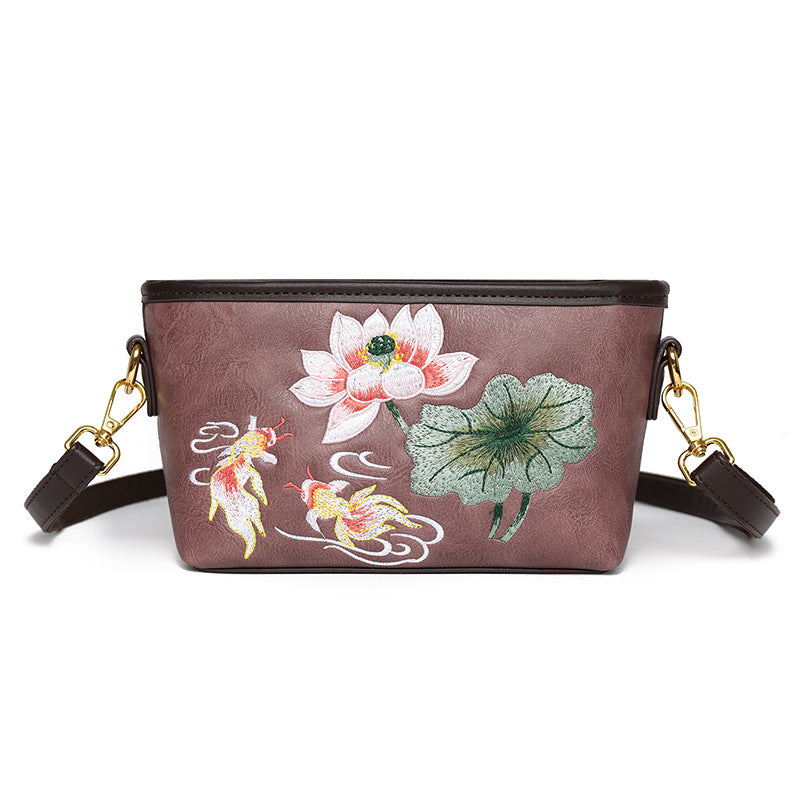 Women's National Style Light Luxury Lotus Embroidery China Women's Shoulder Bag