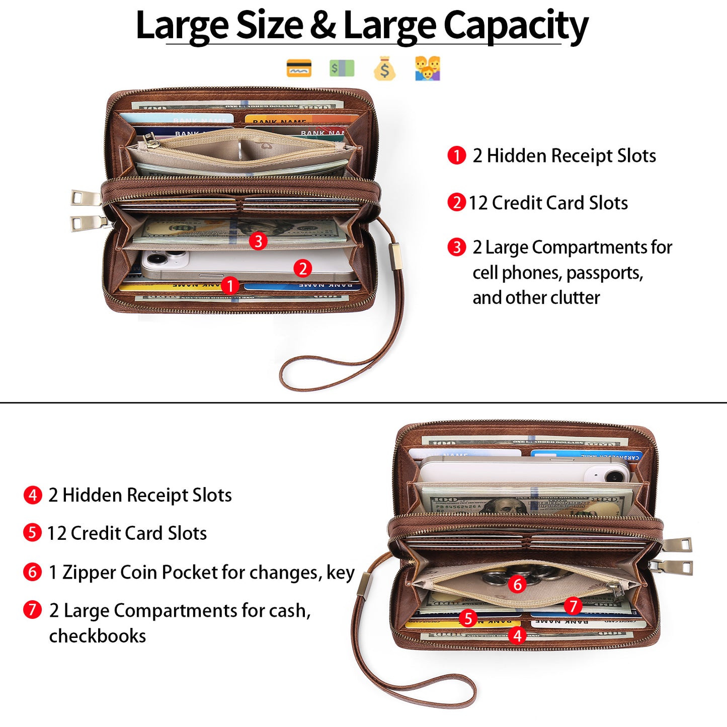 Women's Double Zip Clutch Large Capacity Soft Ladies Wallet