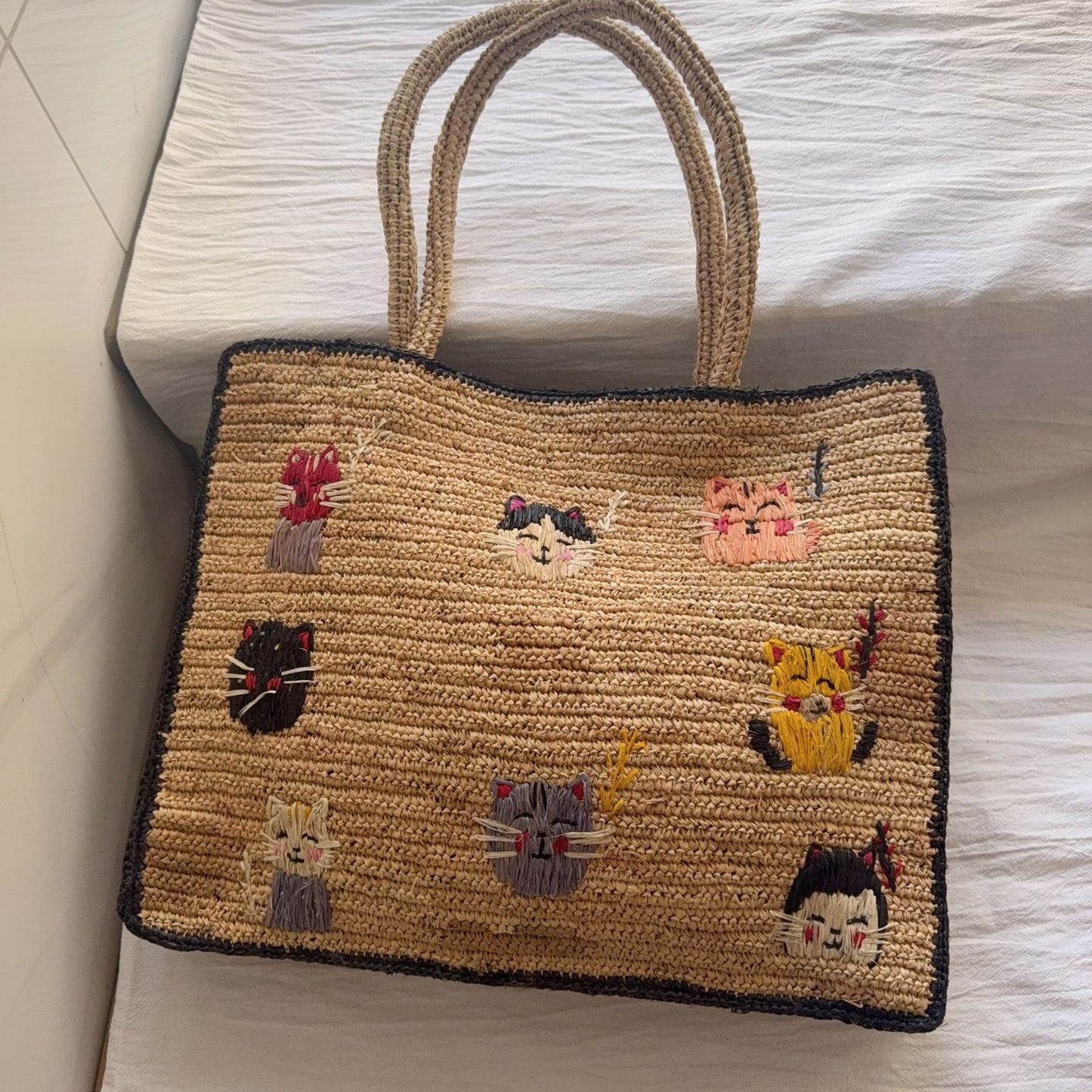 Raffia Woven Handmade Embroidered Cute Animal Women's Handbag