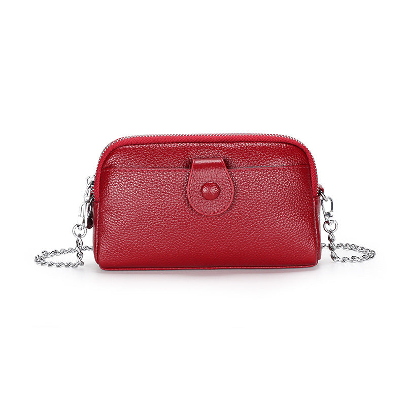 Women's Genuine Leather Chain Layer Cowhide Double Zipper Women's Clutch