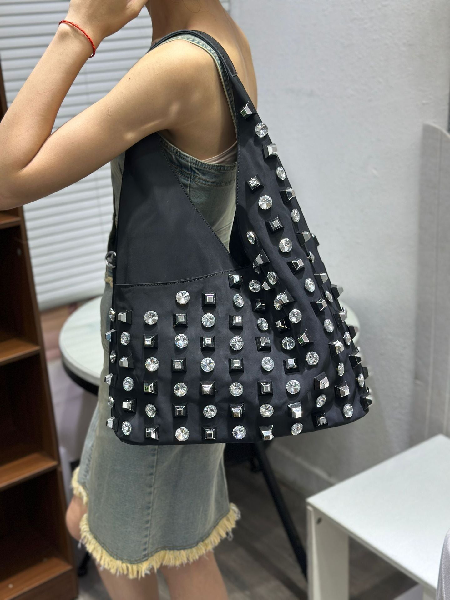 Women's Rhinestone Trend Diamond Nylon Material Large Shoulder Bags
