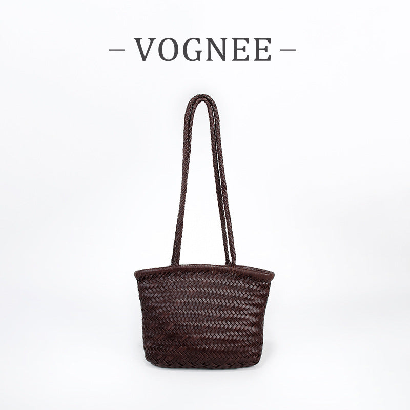 Genuine Leather French Food Basket Woven First Layer Cowhide Retro Small Square Bags