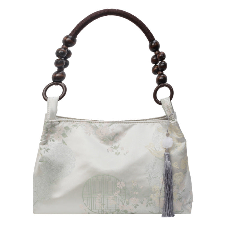 National Style Chinese Retro Embroidery Wooden Bead Western Women's Shoulder Bag