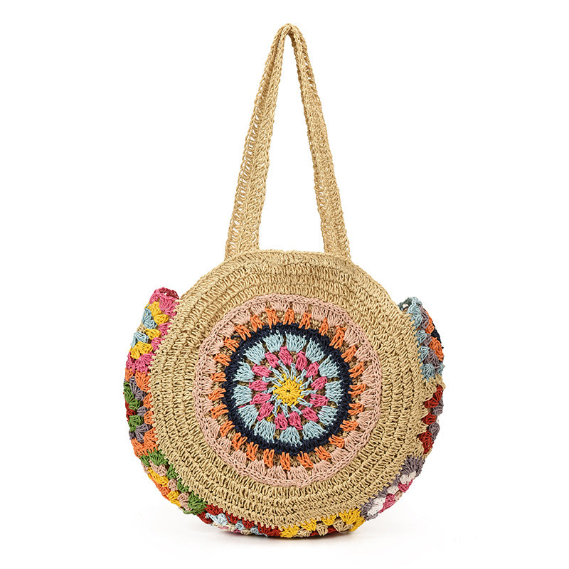 Ethnic Style Round Woven Large Capacity Pastoral Straw Shoulder Bags