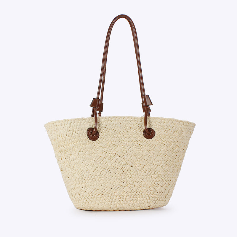 Style Fashion Solid Color Paper Woven Retro Contrast Mori Large Bags