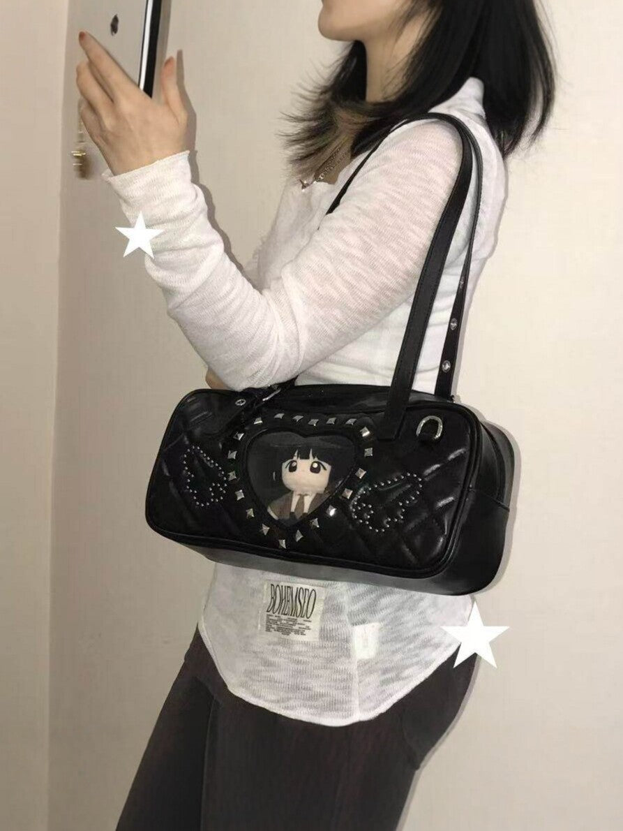 Women's Love Rhombus Cartoon Rivet Heart-shaped Window Plush Doll Women's Shoulder Bag