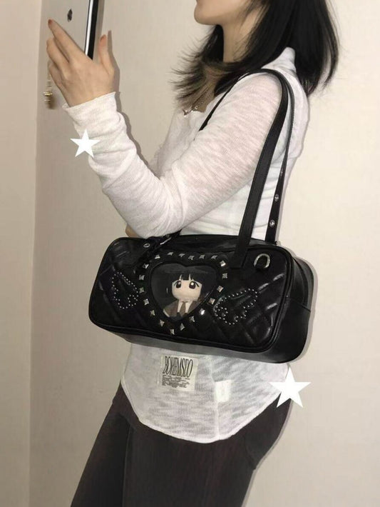 Women's Love Rhombus Cartoon Rivet Heart-shaped Window Plush Doll Women's Shoulder Bag