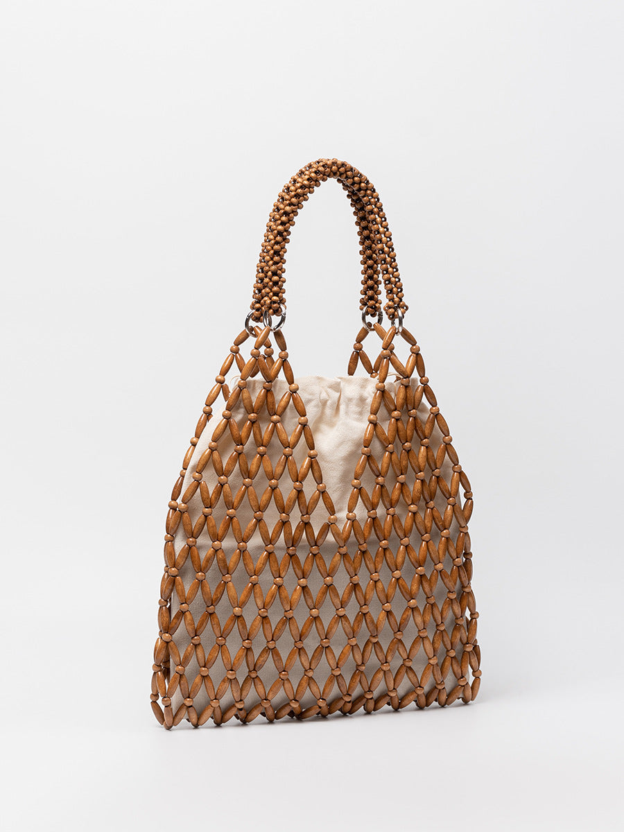 Women's Maple Material Woven Seaside Vacation Beach Wooden Bead Women's Shoulder Bag