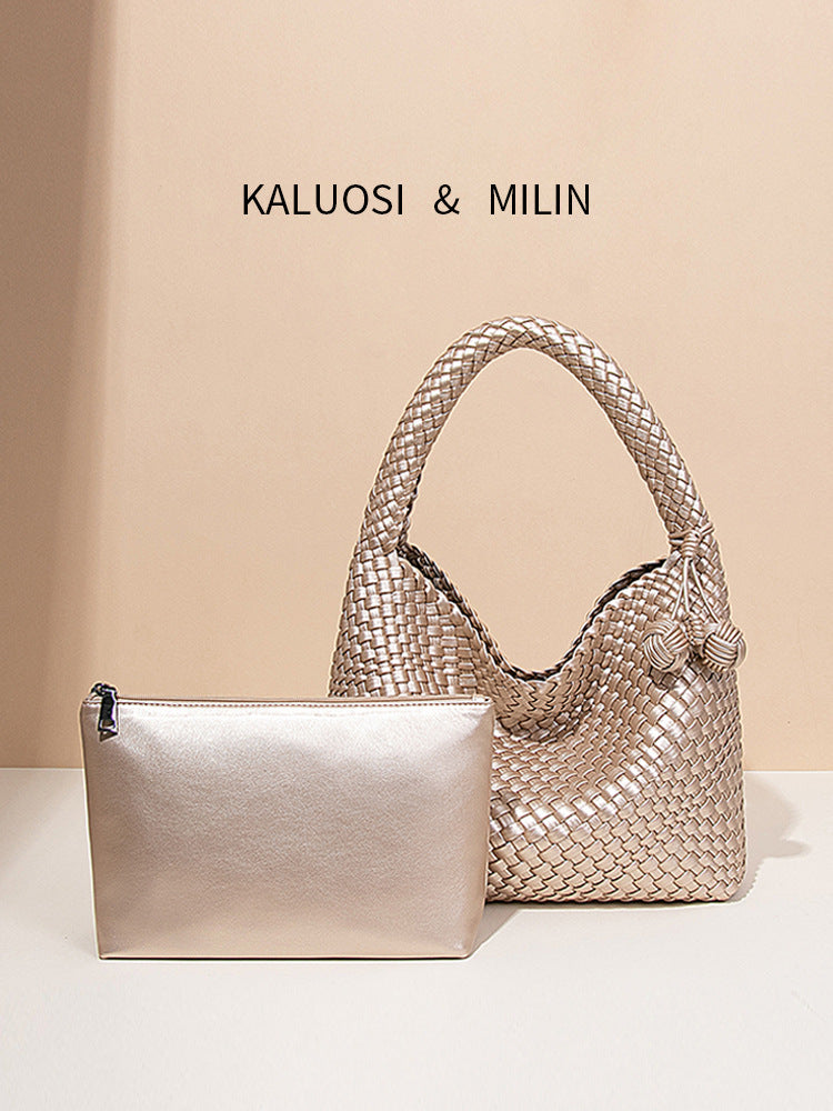 Popular Champagne Gold Woven Large Capacity Tote Bag