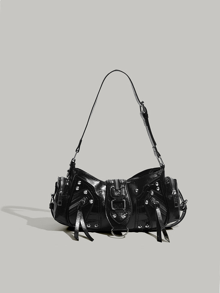 Women's Black Punk Rivet Motorcycle Fashion Trend Niche Women's Shoulder Bag