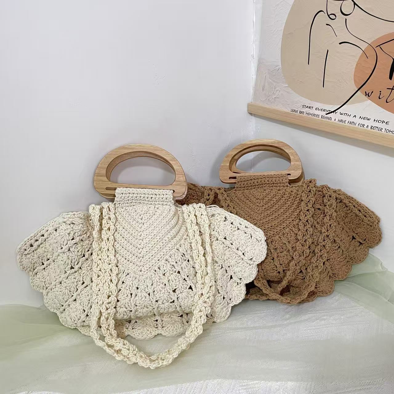 Retro Mori Style Hand-woven Portable Shell Cotton String Women's Handbag