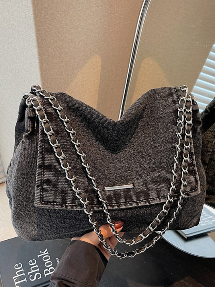 Korean Style Chain Large Capacity Denim College Shopping Tote Bags
