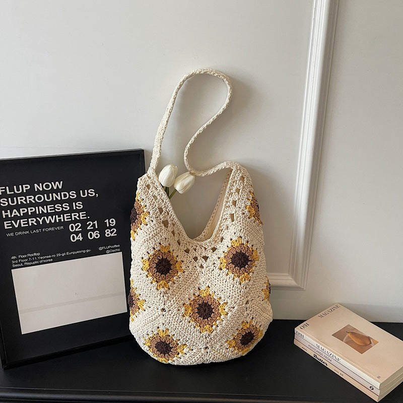 Flower Woven Fashion Simple Crochet Straw Large Capacity Cotton Thread Women's Messenger Bag