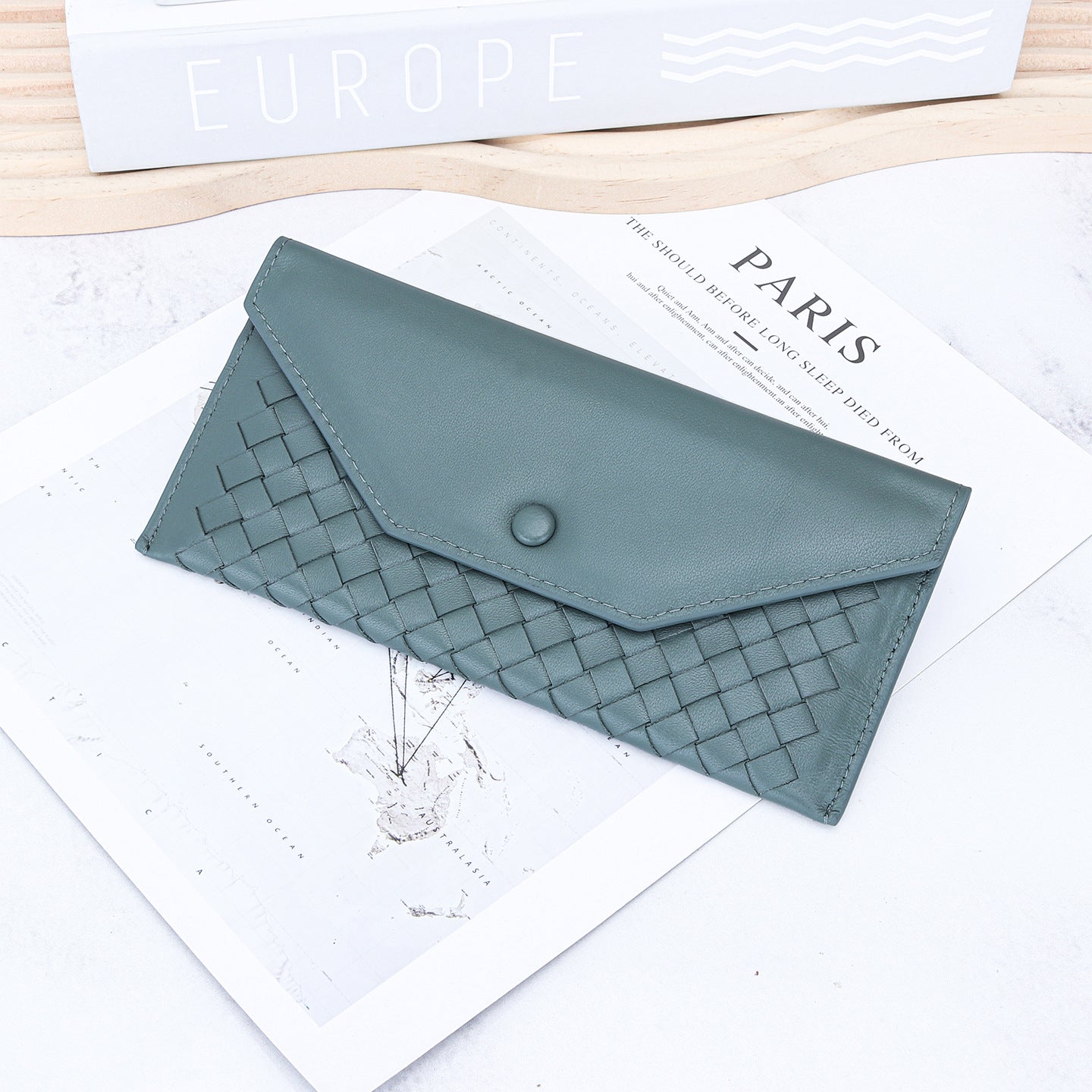 Women's & Men's Sheepskin Woven Long Fashion Thin Envelope Genuine Ladies Wallet