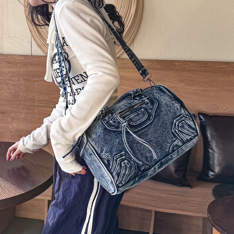Retro Washed Denim Motorcycle Large Capacity Shoulder Bags