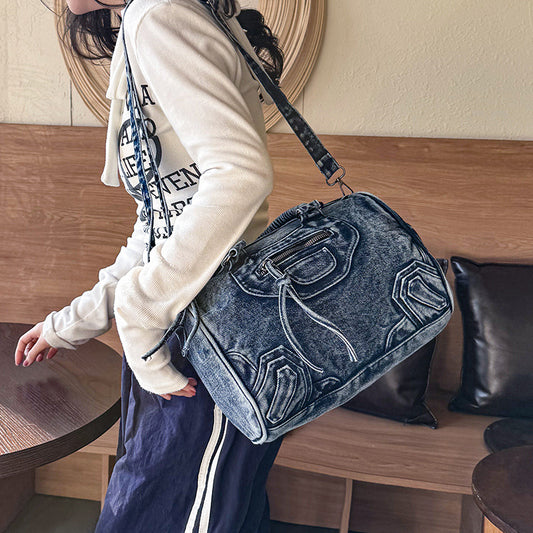 Retro Washed Denim Motorcycle Large Capacity Shoulder Bags