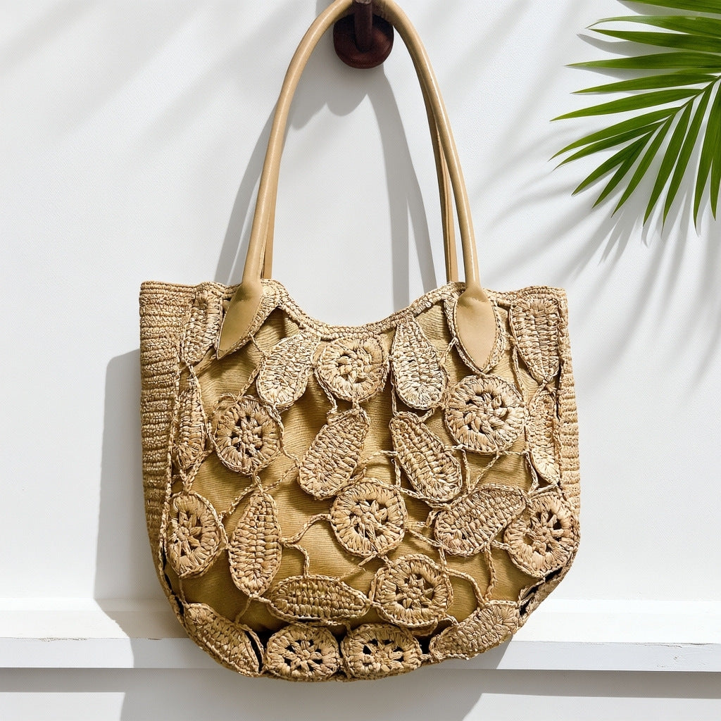 Capacity Hand Crocheting Three-dimensional Flowers Woven Summer Seaside Vacation Retro Tote Bags