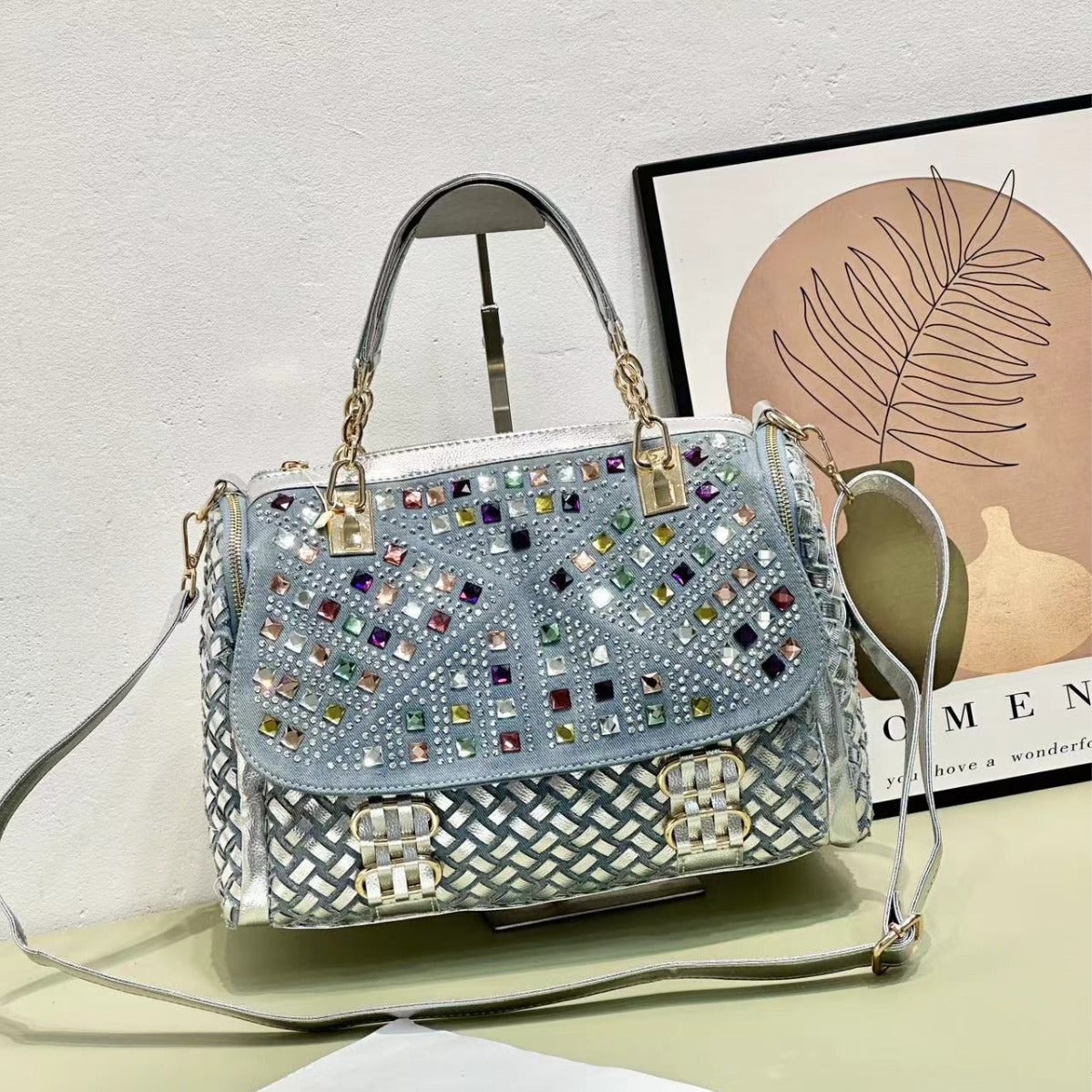 Women's Crystals Denim Woven Diamond Large Capacity More Canvas Bags