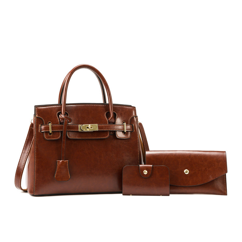 Mother Oil Leather Retro Three-piece Large Women's Handbag