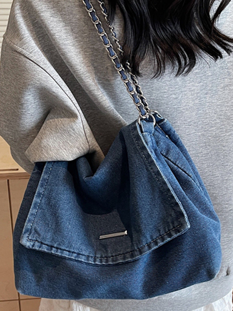 Korean Style Chain Large Capacity Denim College Shopping Tote Bags