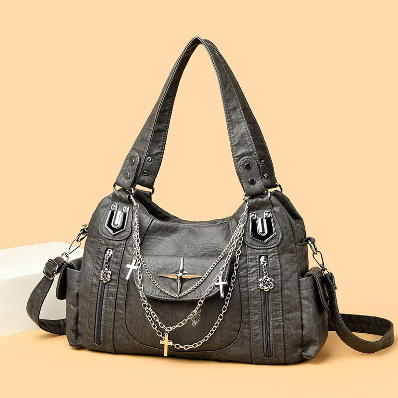 Women's Retro Distressed Chain Motorcycle Personalized Fashion Hot Large Capacity Tote Bags