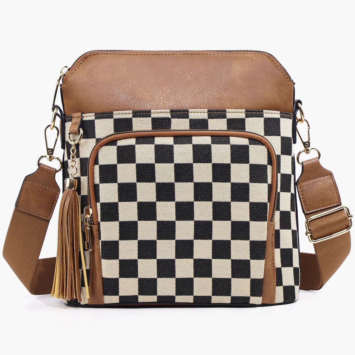 Women's Chessboard Plaid Color Matching Zipper Strap Women's Messenger Bag