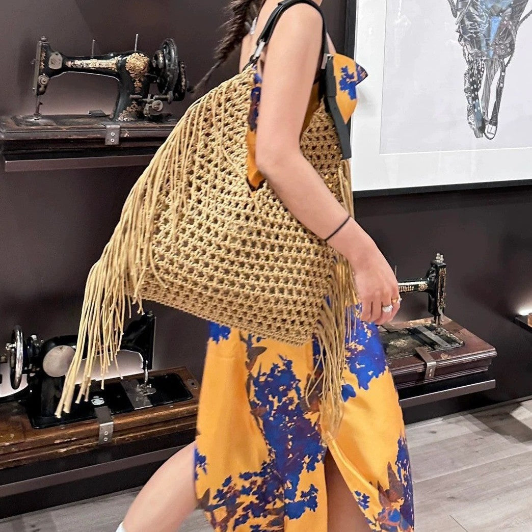 Women's High-grade Cotton Thread Straw Woven Hand-woven Vacation Beach Large Women's Shoulder Bag
