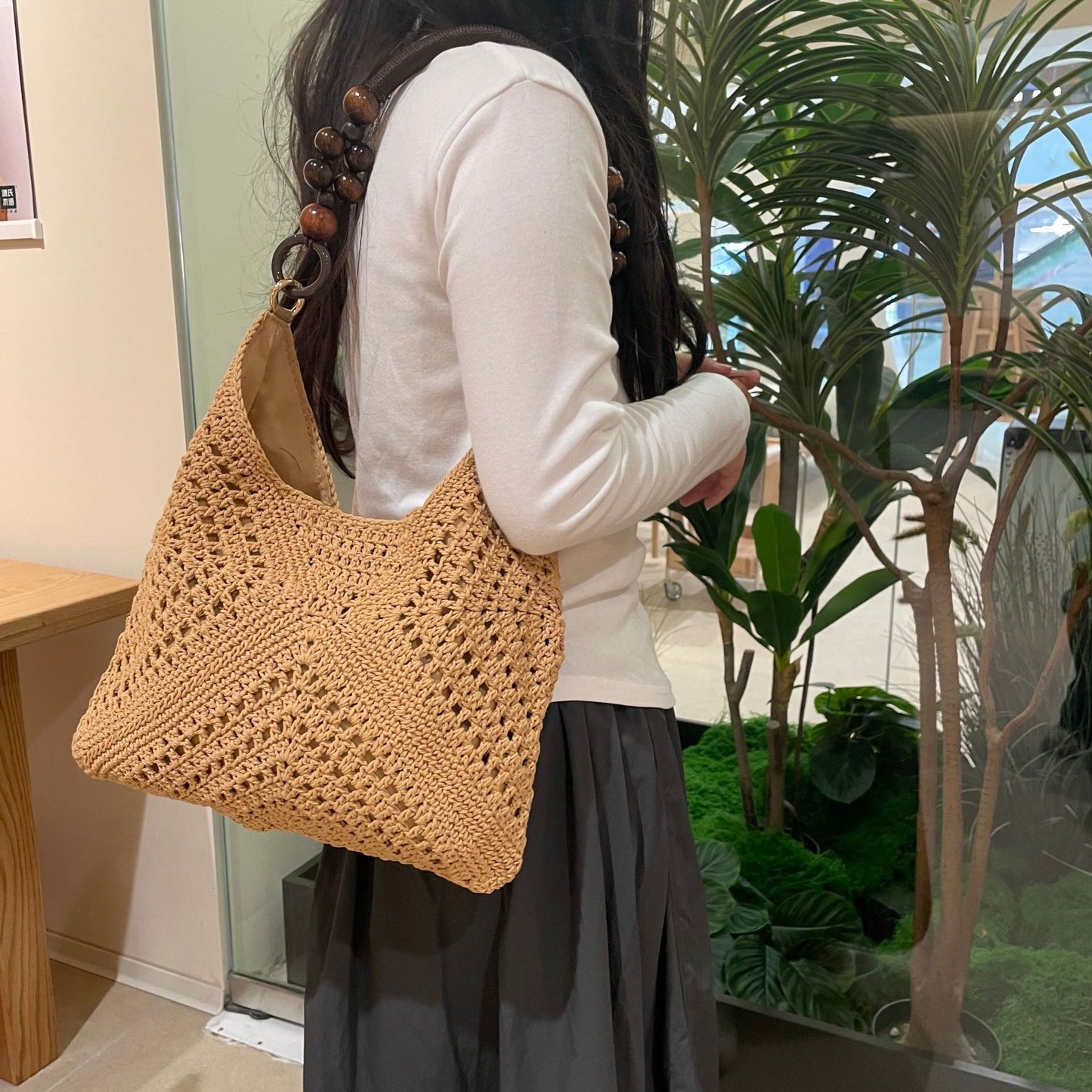 Korean Ethnic Handmade Design Sense Wooden Posts Underarm Vacation Seaside Bags