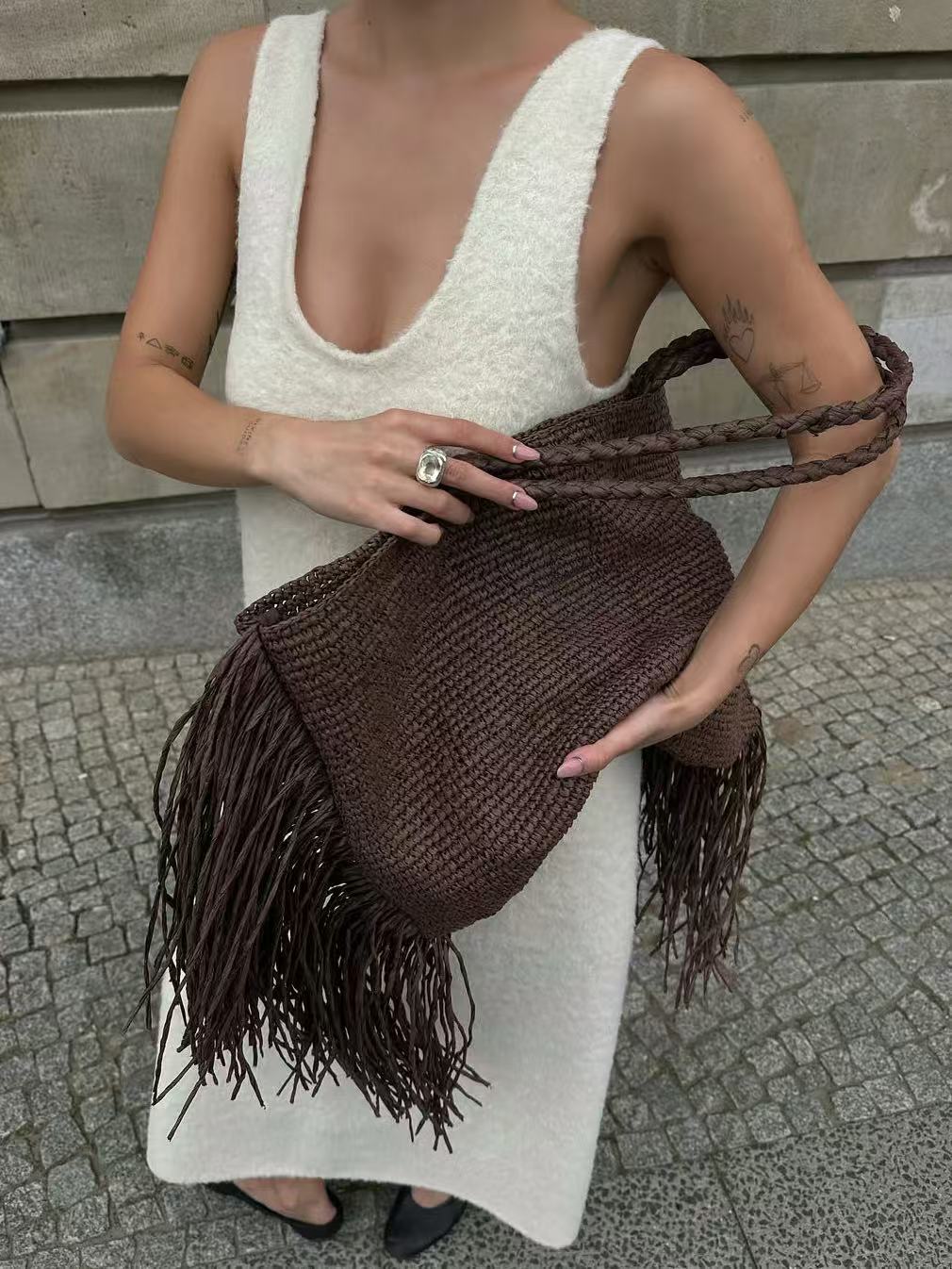 Women's Fashionable Brown Straw Tassel Design Women's Shoulder Bag